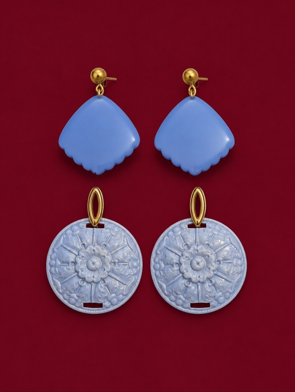 Vintage 1980s Cornflower Blue and Silver Floral Metal Earrings Set